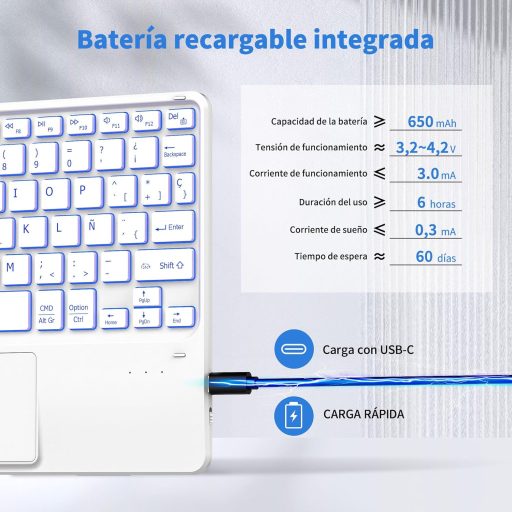 CACOE Bluetooth Billentyűzet Touchpad-dal, Spanyol Kiosztás, 7 Szín LED, Vezeték Nélküli