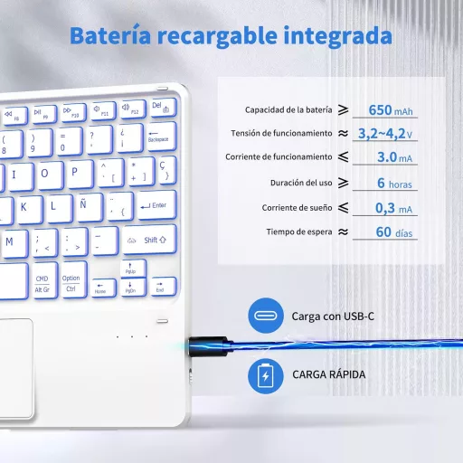 CACOE Bluetooth Billentyűzet Touchpad-dal, Spanyol Kiosztás, 7 Szín LED, Vezeték Nélküli