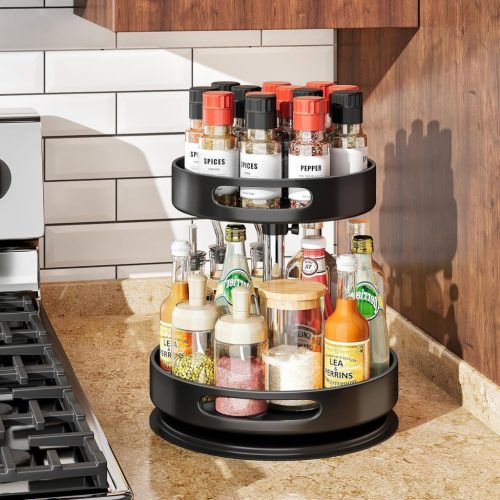 Kitstorack 2-szintes 360° Forgó Fűszertartó Állvány - Fekete Acél Konyhai Szervező, Hűtőbe és Szekrénybe, Állítható Magasságú Lazy Susan Tál