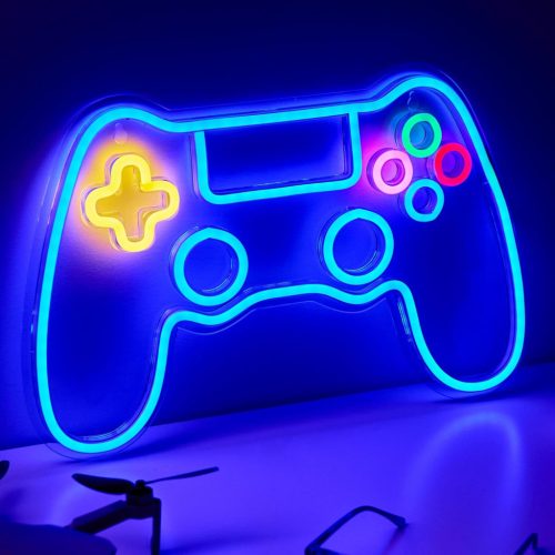 NELUX Gamer Kontroller Neon LED Világítás - Fali Dekoráció Játékszobába, USB Csatlakozás, Fényerőszabályzó, 41x26,5 cm