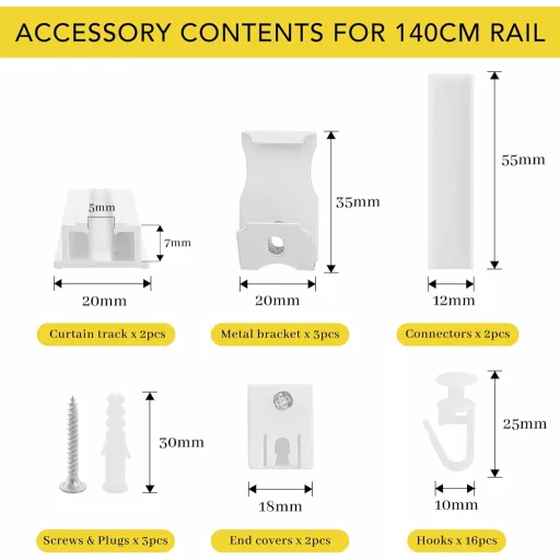 NICETOWN Mennyezeti Függönysín 60-140 cm - Fehér, Bővíthető Műanyag Függönykarnis Szett Hálószobába, Nappaliba, Fürdőbe - 16 Függönyakasztóv