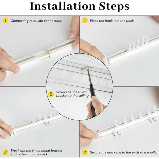 NICETOWN Mennyezeti Függönysín 60-140 cm - Fehér, Bővíthető Műanyag Függönykarnis Szett Hálószobába, Nappaliba, Fürdőbe - 16 Függönyakasztóv