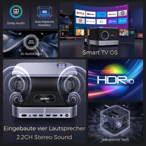 AURZEN Boom 3 Projektor Službeni Netflix 3D Dolby zvuk - 4K autofokus, WiFi6, Bluetooth, HDR10, 1080P Full HD Projektor za kućno kino