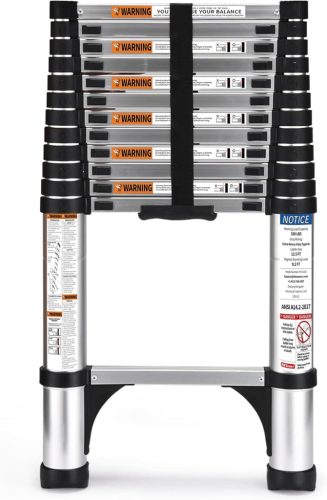 HBTower Scară Telescopică Ușoară 3,8m - Cu Bază Antialunecare, Aluminiu, Sarcină Maximă 150kg, Pentru Pod, Rulote