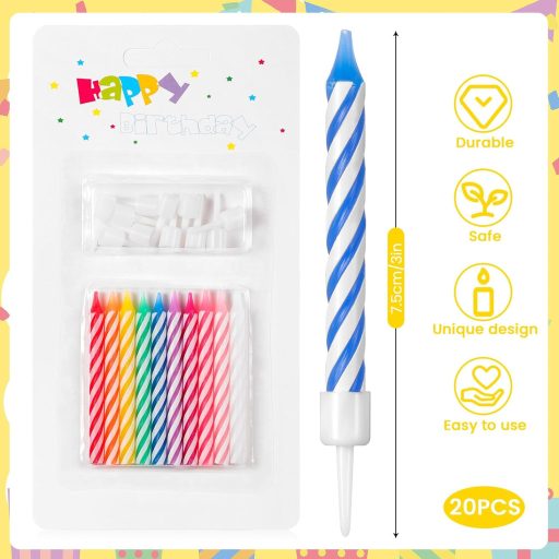 Sinmoe Svjećice za rođendansku tortu u duginim bojama - 20 komada tankih, šarenih svjećica s držačima, ukras za torte za vjenčanja, mature, proslave rođenja djeteta