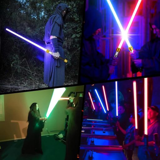 ELESKOCO RGB svjetlosni mač s dvostrukom oštricom i kontrolom pokreta, 16 boja, metalna drška