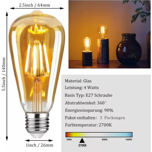 WOOWTT E27 LED Edison izzó 4W dimmelhető meleg fehér 2700K 3db szett