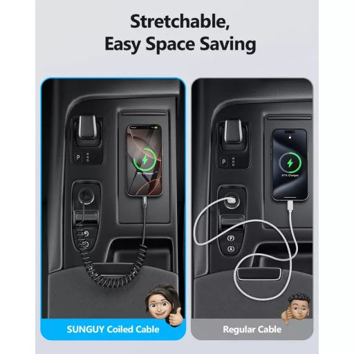 SUNGUY špirálový USB-C kábel 1,5m, Android Auto, CarPlay, iPhone 16/15, Galaxy S24 Ultra, Pixel, Xiaomi