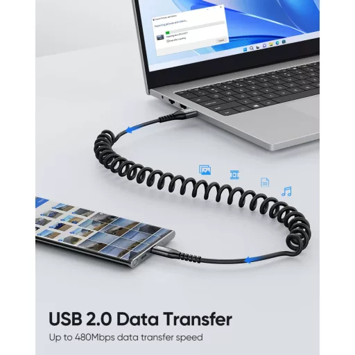 SUNGUY USB-C spirál kábel 1,5m, Android autó, CarPlay, iPhone 16/15, Galaxy S24 Ultra, Pixel, Xiaomi