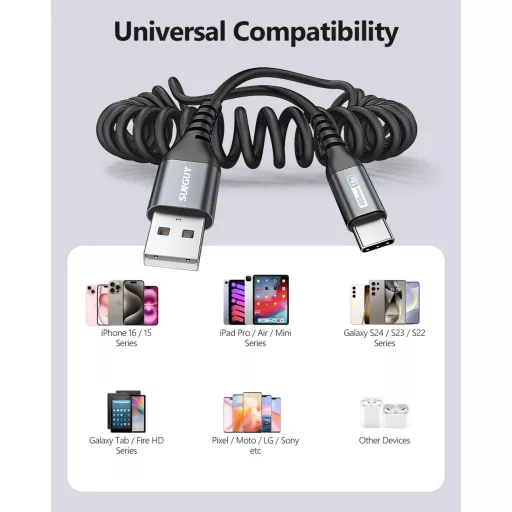SUNGUY špirálový USB-C kábel 1,5m, Android Auto, CarPlay, iPhone 16/15, Galaxy S24 Ultra, Pixel, Xiaomi