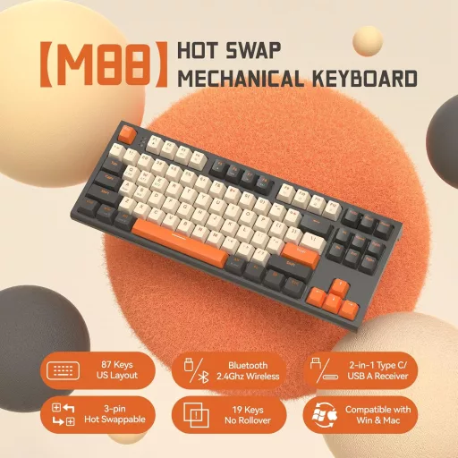 FREEWOLF M88 TKL Wireless Gaming Billentyűzet, Mechanikus, Hot-Swap, Bluetooth/2.4GHz, Red Switch, QWERTY