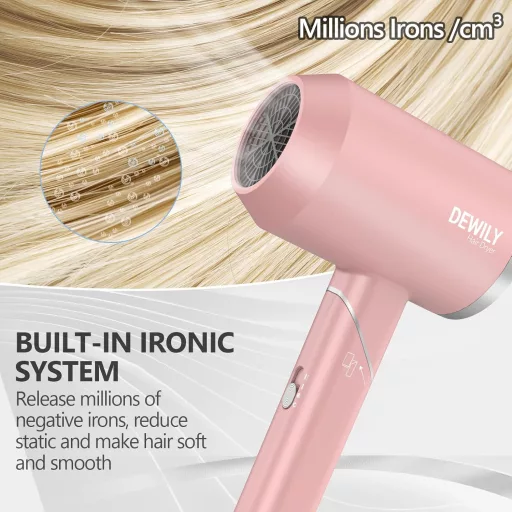 DEWILY összecsukható ionos hajszárító utazáshoz, 3 hőfok, csendes működés - Pink-1 Nozzle