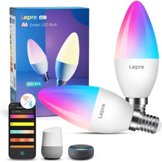   Bec inteligent LED Lepro AI E14 4,9W, RGB, cu schimbare de culoare, control vocal Alexa Google, WiFi Bluetooth, lumină albă caldă/rece