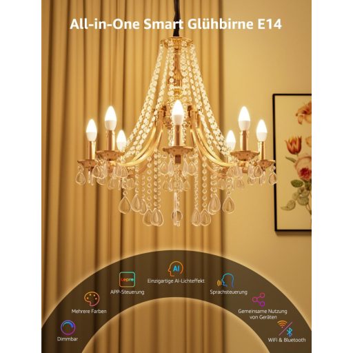 Bec inteligent LED Lepro AI E14 4,9W, RGB, cu schimbare de culoare, control vocal Alexa Google, WiFi Bluetooth, lumină albă caldă/rece