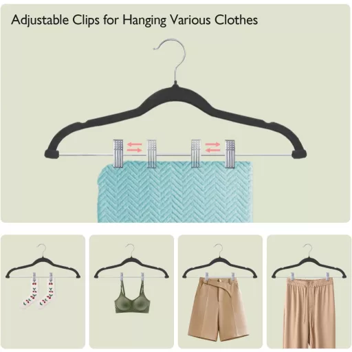 Set 18 umerașe antiderapante din catifea ManGotree, negre - cu clipsuri pentru pantaloni, fuste, cămăși