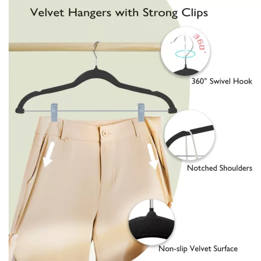 Set 18 umerașe antiderapante din catifea ManGotree, negre - cu clipsuri pentru pantaloni, fuste, cămăși