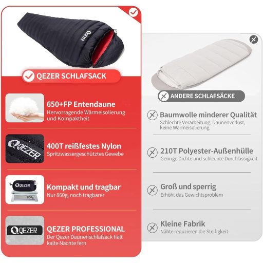 QEZER 650-es lúddaun téli hálózsák -30°C-ig, kempingezéshez és hegymászáshoz