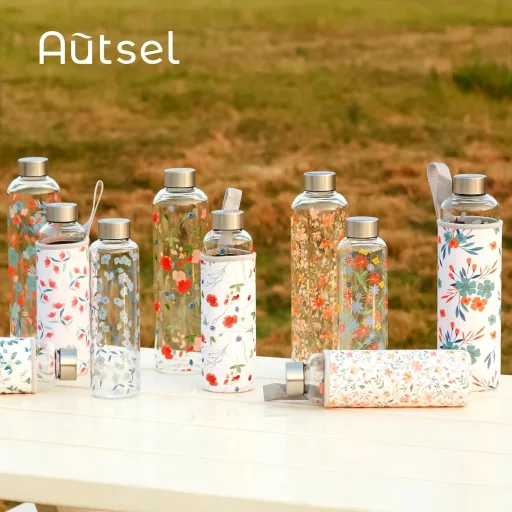 Autsel Boros Sticlă Bidon 1L - Roșu cu Model Floral, Izotermă cu Husă de Neopren - Sticlă Borosilicată Anti-Scurgere pentru Sport, Birou