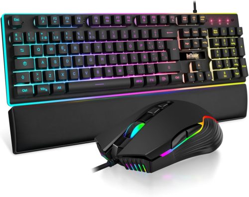 RedThunder K10 3-in-1 Gamer Billentyűzet és Egér Szett Bőr Csuklótámasszal, RGB Háttérvilágítás, Mechanikus Érintés, Spanyol Kiosztás, 7200 