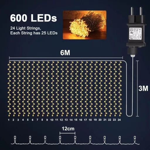 Cozymeow Cortină luminoasă LED 2 buc 600 LED 6x3m - Luminițe zână alb cald cu 8 moduri de iluminare și temporizator - Decoratiune impermeabilă de interior/exterior pentru evenimente