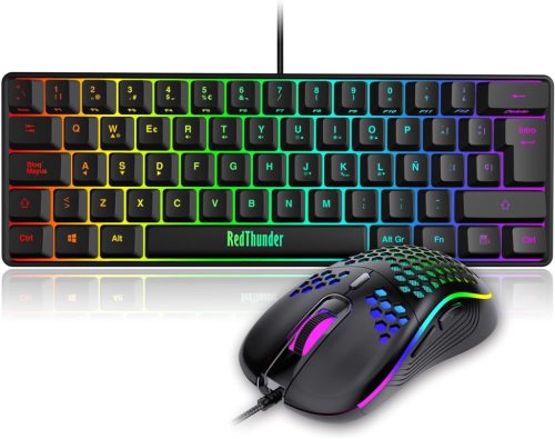 RedThunder K62 Mechanikus Gamer Billentyűzet és Egér Szett, 60% Kompakt RGB Háttérvilágítás, 7200 DPI Precíziós Egér, 62 Anti-Ghosting Gomb,