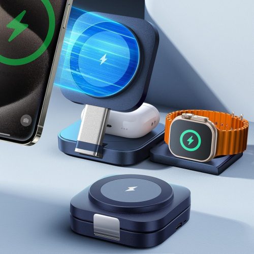 LISEN 3 az 1-ben MagSafe töltőállomás iPhone-hoz és Apple Watch-hoz - Kék vezeték nélküli töltő