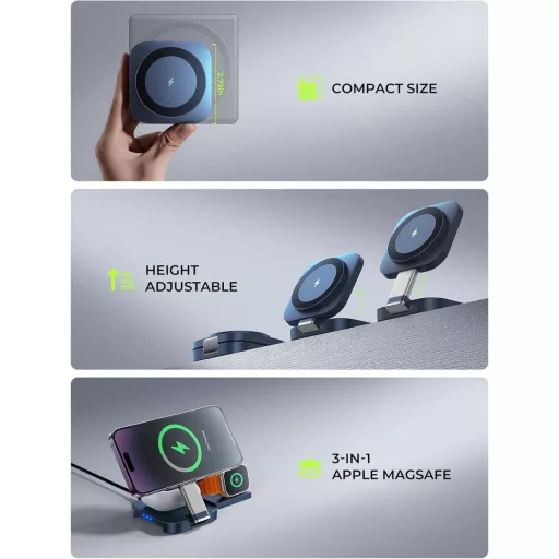 LISEN 3 az 1-ben MagSafe töltőállomás iPhone-hoz és Apple Watch-hoz - Kék vezeték nélküli töltő