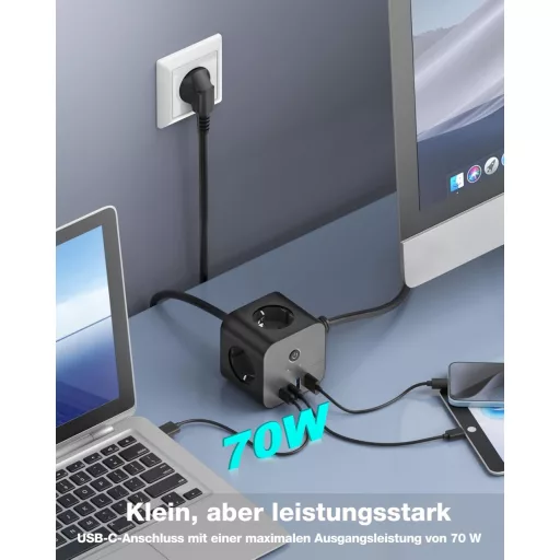 VEFVE 70W USB-C Töltő Kocka - 7 az 1-ben Elosztó Kapcsolóval, 3m Kábel, Gyorstöltés, MacBook, Laptop, iPad Pro, iPhone 15 Kompatibilis