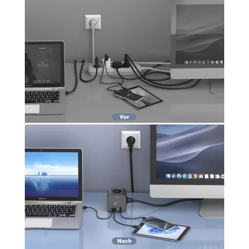 VEFVE 70W Încărcător USB-C Cub - Distribuitor 7 în 1 cu Comutator, Cablu de 3m, Încărcare Rapidă, Compatibil MacBook, Laptop, iPad Pro, iPhone 15