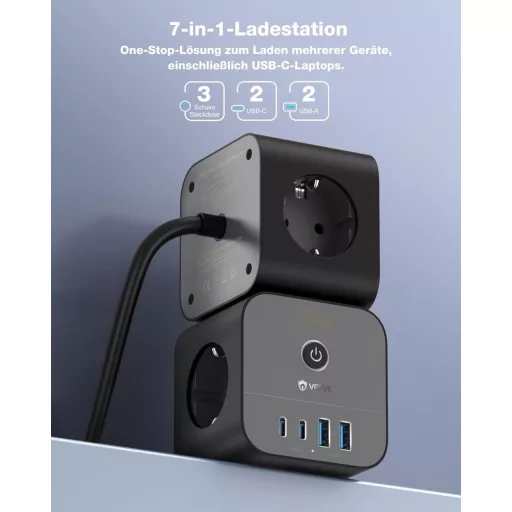 VEFVE 70W USB-C Töltő Kocka - 7 az 1-ben Elosztó Kapcsolóval, 3m Kábel, Gyorstöltés, MacBook, Laptop, iPad Pro, iPhone 15 Kompatibilis