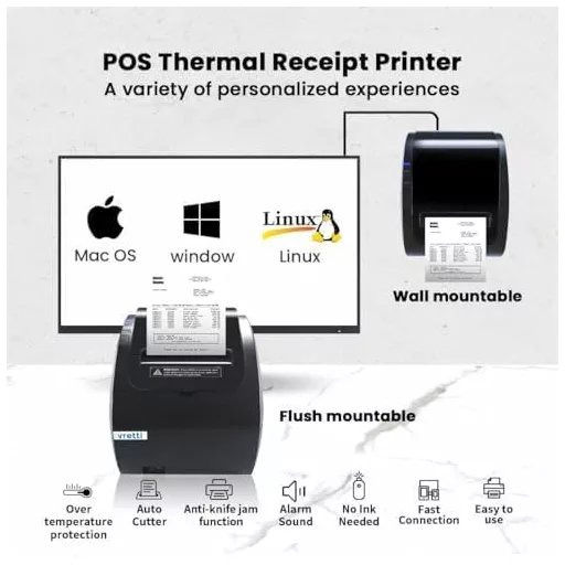 vretti 80mm Hőpapíros Blokknyomtató - USB/LAN Csatlakozás, 260mm/s Nyomtatási Sebesség, ESC/POS Támogatás, POS Rendszerekhez, Üzletekhez, Ét
