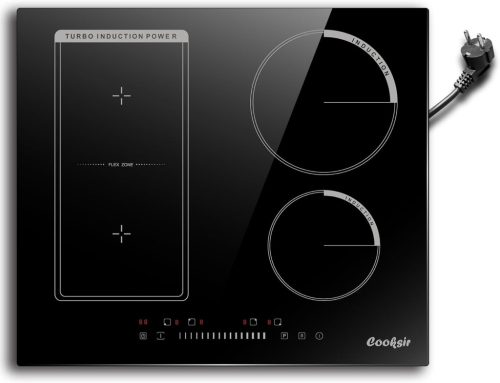 Indukčná varná doska Cooksir so 4 zónami 3500W, s kombinovanou grilovacou zónou, 59 cm, s pripojením do zásuvky, dotykovým ovládaním, čierny sklenený rám