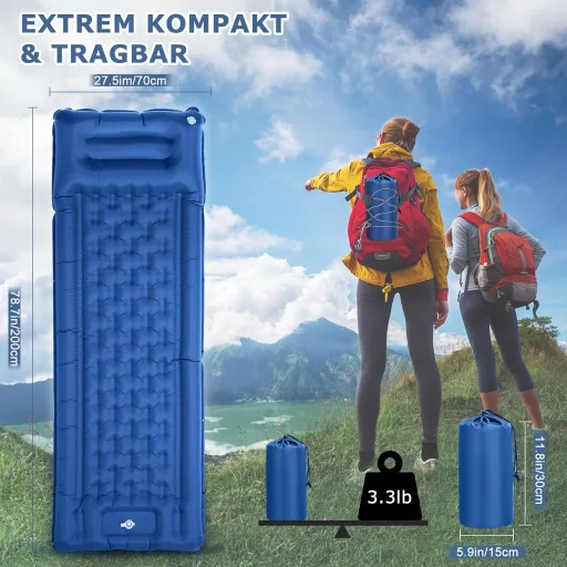 Haksimey Önfelfújó Kempingmatrac 12 cm Vastag - 72x200 cm Légmatrac Beépített Párnával és Lábpumpával - Túrázáshoz, Kempingezéshez, Szabadté