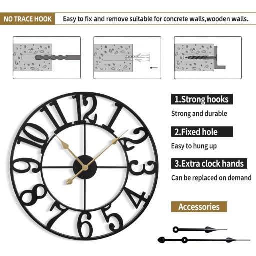 2ou Veľké Nástenné Hodiny - 60 cm Tiché Analógové Hodiny do Obývačky, Spálne, Kuchyne - Vintage Priemyselný Štýl Čierne