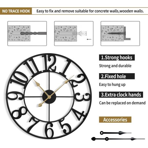 Mee 2ou Nagy Méretű Falióra - 60 cm Átmérőjű Csendes Analóg Óra Nappali, Hálószoba, Konyha Dekorációjához - Vintage Ipari Stílusú Fekete Szá