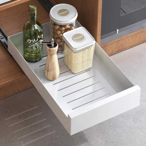 Kitstorack Teleszkópos Fiók - Kihúzható Konyhai Tárolópolc 43×25×8 cm, Fehér, Fúrás Nélkül Telepíthető Szekrényrendező, Erős Teherbírású Acél