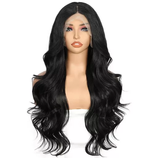 Sapphirewigs fekete csipke előhúzású szintetikus paróka hullám 33x10cm