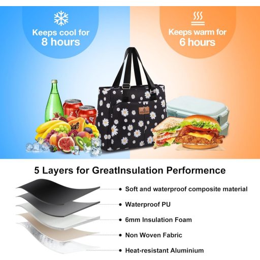 HSHRISH Női Ebédtáska Hőtartó Táska Vízálló 12L Margaréta Minta