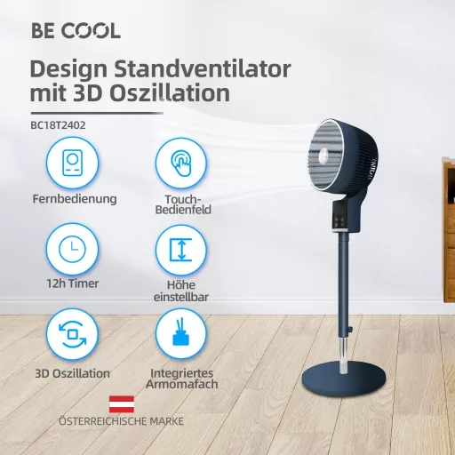 Be Cool podni ventilator 26 cm s 3D oscilacijom, kutijom za aromaterapiju i daljinskim upravljačem.