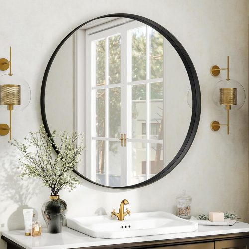 Oglindă de baie neagră rotundă Koonmi, 76 cm - cu ramă metalică, sticlă securizată, oglindă decorativă de perete pentru living, hol