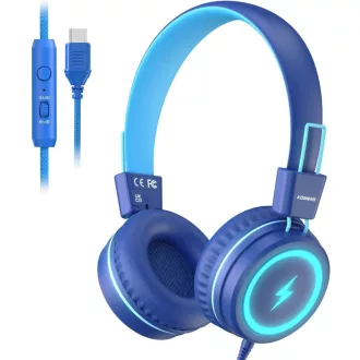   KONNAO Gyerek Fejhallgató USB-C LED Fénnyel, Összecsukható Vezetékes Headset Mikrofon 85dB Hallásvédelem