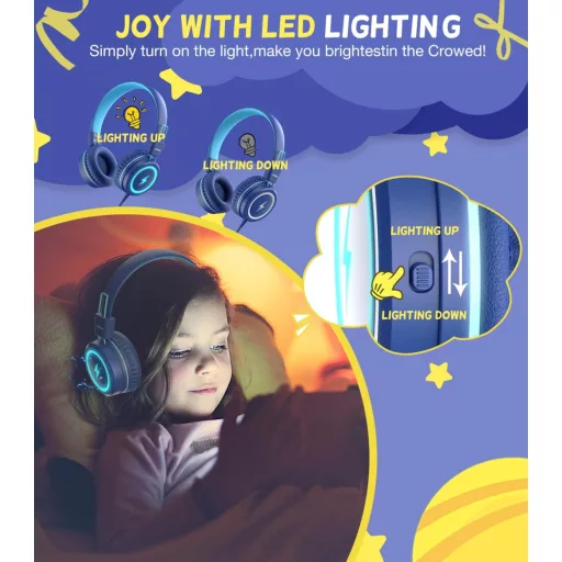 Detské slúchadlá KONNAO s USB-C, LED svetlom, skladateľné káblové slúchadlá s mikrofónom a ochranou sluchu 85 dB