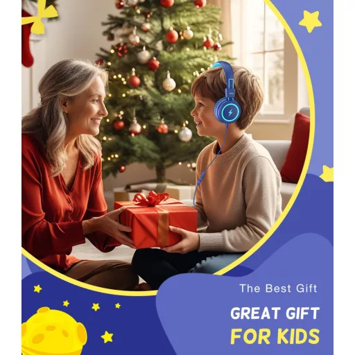 KONNAO Gyerek Fejhallgató USB-C LED Fénnyel, Összecsukható Vezetékes Headset Mikrofon 85dB Hallásvédelem