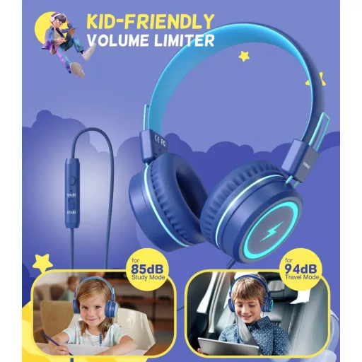 KONNAO Gyerek Fejhallgató USB-C LED Fénnyel, Összecsukható Vezetékes Headset Mikrofon 85dB Hallásvédelem