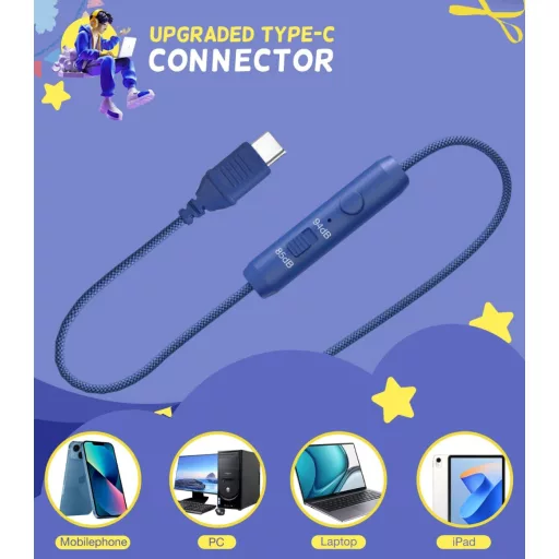 Detské slúchadlá KONNAO s USB-C, LED svetlom, skladateľné káblové slúchadlá s mikrofónom a ochranou sluchu 85 dB