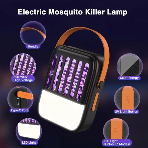 Tiptop Home 2-u-1 solarna lampa za uništavanje komaraca - 1200 mAh USB punjiva zamka za insekte, 3 vrste LED osvjetljenja, za vrt, unutarnje i vanjske prostore