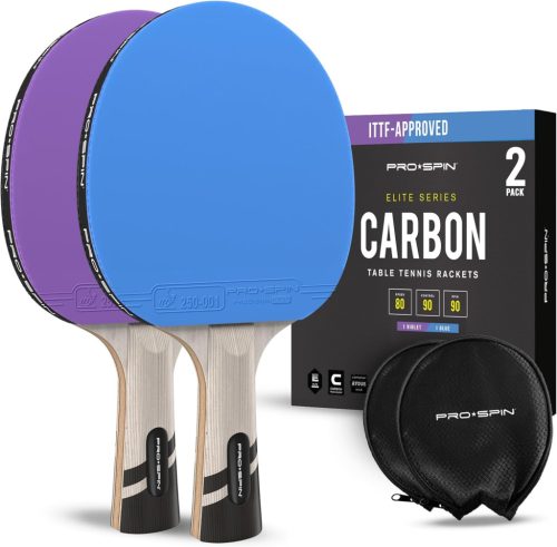 PRO SPIN Szénszálas Pingpong Ütő Szett, 2.0mm Szivacs, Kiváló Pörgetés és Pontosság, Védőtokkal, Kék-Lila, 2db-os Csomag, Haladó Játékosokna
