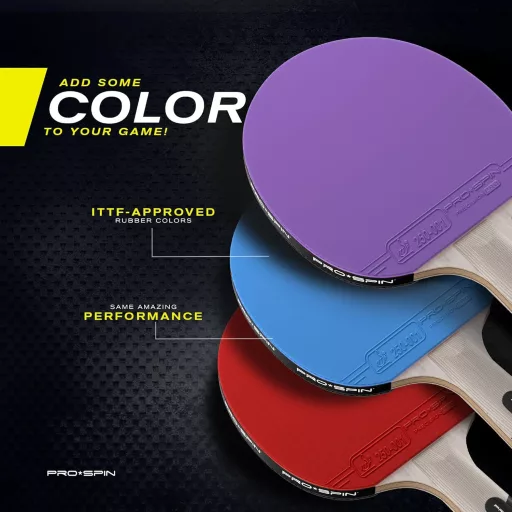 Set de 2 palete de tenis de masă PRO SPIN, cu fibră de carbon, burete de 2.0mm, efect și precizie excelente, cu husă de protecție, albastru-violet, pentru jucători avansați.