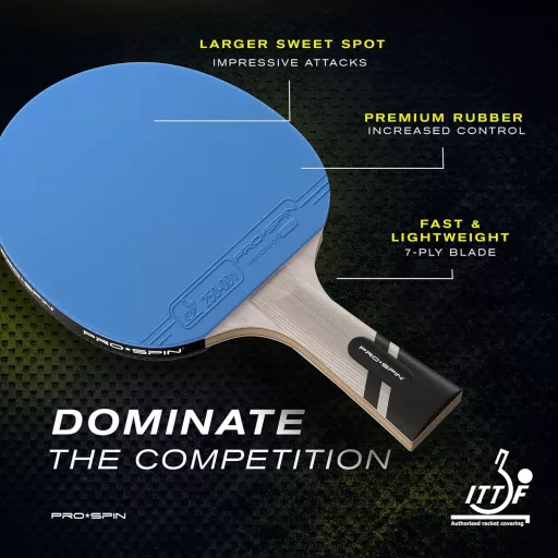 Set de 2 palete de tenis de masă PRO SPIN, cu fibră de carbon, burete de 2.0mm, efect și precizie excelente, cu husă de protecție, albastru-violet, pentru jucători avansați.