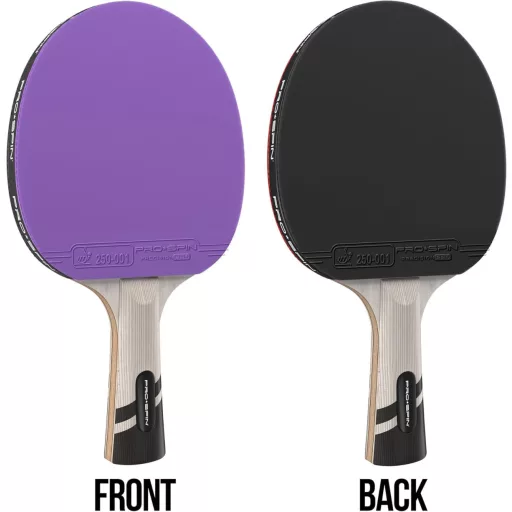 Set de 2 palete de tenis de masă PRO SPIN, cu fibră de carbon, burete de 2.0mm, efect și precizie excelente, cu husă de protecție, albastru-violet, pentru jucători avansați.